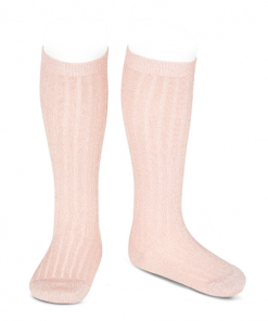 Calcetines altos canalé con hilo brillante ROSA EMPOLVADO M.3220/544