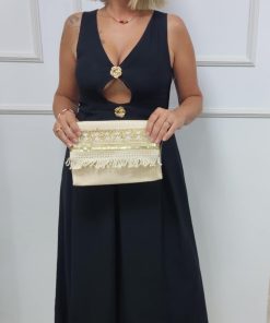 VESTIDO LARGO CON ABERTURA Y BOTONES DORADOS M.BT-NEGRO