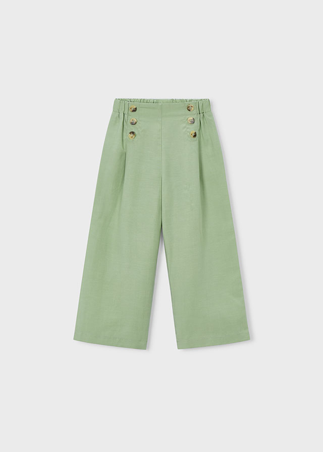 Pantalón largo botones niña M. 3589 MUSGO MAYORAL 1 Pantalón con botones color musgo para niña, de largo entero, en mezcla de liocel y lino
