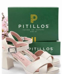 SANDALIA DE TACÓN Y TIRAS CRUZADAS M.11223 CREMA DE PITILLOS