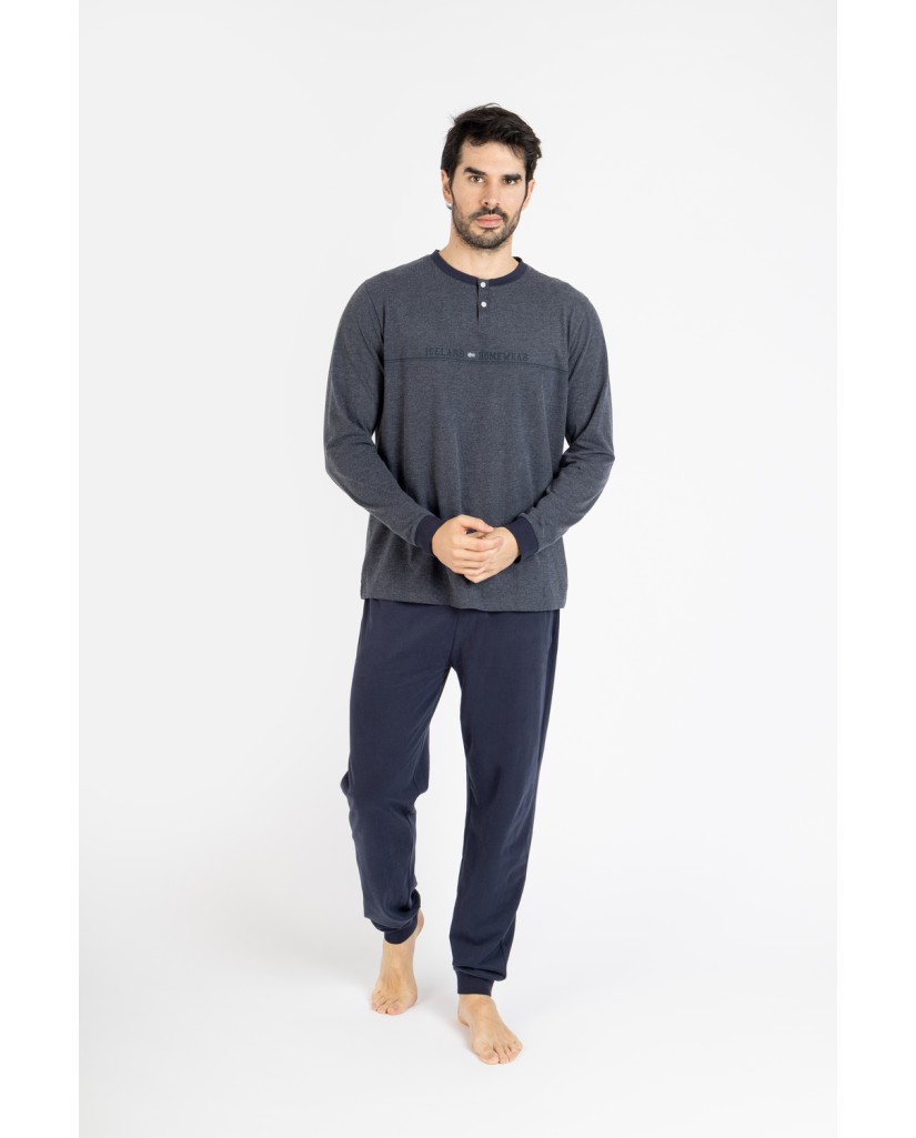 PIJAMA DE ALGODÓN CRO M. M25100 OLYMPUS 1 Pijama hombre algodón con camiseta gris de botones y pantalón azul marino con puño