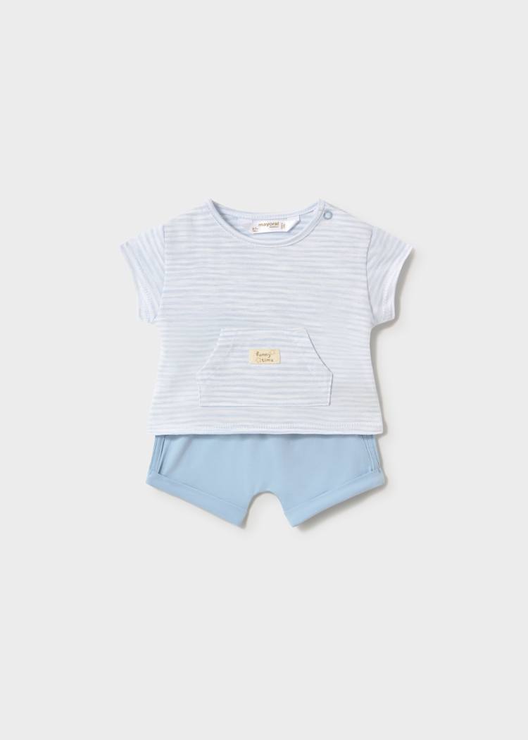 Conjunto punto bebé M. 1626 camiseta rallas y short liso cielo Mayoral 1 Conjunto bebé camiseta rayas y short liso en tono cielo, punto de algodón con elastano