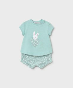 Conjunto bebé estampado anís, camiseta y short a juego en punto de algodón con elastano
