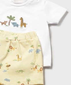 Conjunto bebé camiseta blanca lisa y short con estampado en tono sunny, tejido de punto de algodón