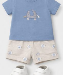 Conjunto bebé short beige estampado y camiseta en marea azulina, dos piezas de algodón de Mayoral