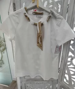 CAMISETA BLANCA MANGA CORTA CON LAZO BEIGE M.LA1