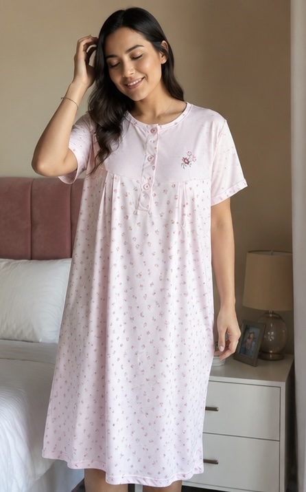 CAMISÓN BORDADO M/C SRA M. FLORES ROSA 1 Camisón estampado flores rosa con bordado lateral, botones en el pecho y manga corta