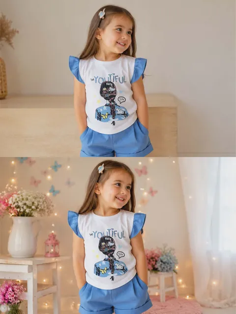 CONJUNTO 2 PIEZAS NIÑA CAMISETA Y PANTALÓN M.CHICA AZUL LE PETIT CIE 2 1