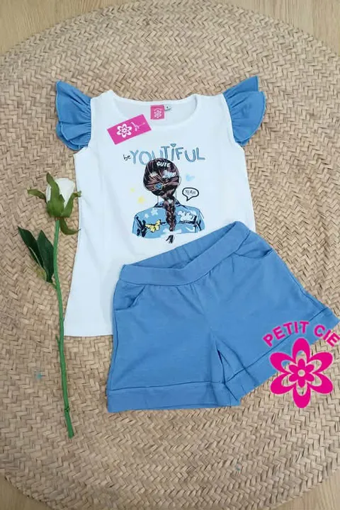 CONJUNTO 2 PIEZAS NIÑA CAMISETA Y PANTALÓN M.CHICA AZUL LE PETIT CIE 1 Conjunto niña camiseta y pantalón azul: camiseta blanca estampada de manga corta y pantalón corto azul de Le Petit Cie