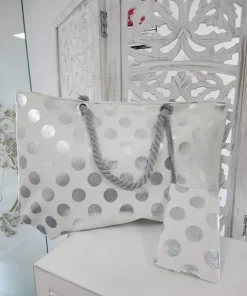 BOLSO DE PLAYA BEIGE CON ESTAMPADO DE LUNARES EN TONO PLATEADO M.ES-314