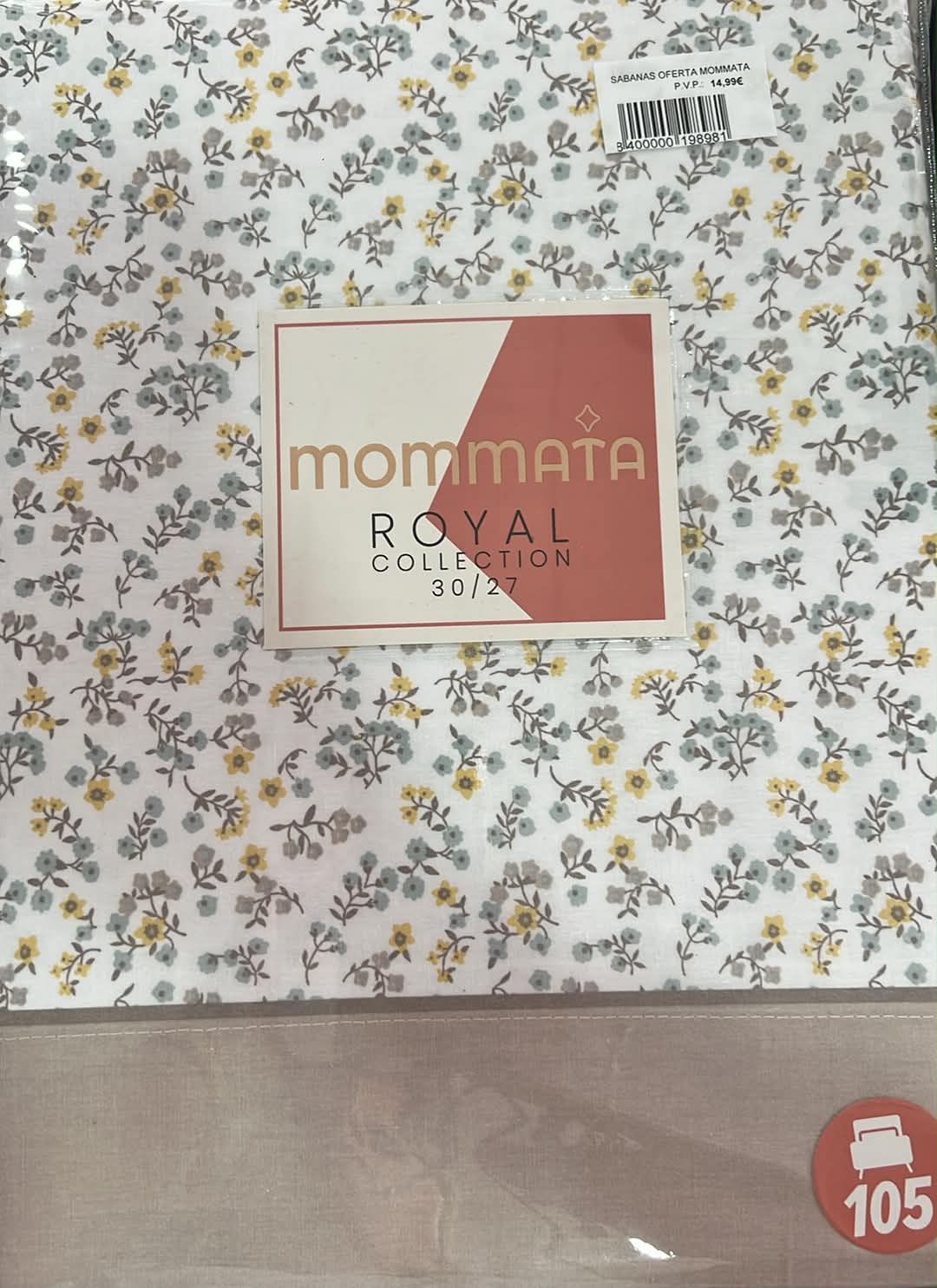 JUEGO DE SÁBANAS TELA 135CM M. MADISON BEIGE MOMMATA 135CM 1 Juego de sábanas de tela de 135 cm modelo Madison Beige con estampado floral