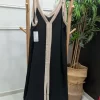 VESTIDO LARGO NEGRO CON BORDES BEIGE M.V/NB