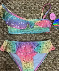 Bikini niña multicolor con volantes y estampación dorada, con protección solar factor 50, referencia AC-1350