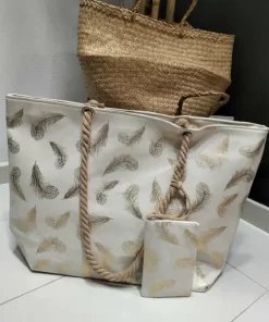 BOLSO PLAYERO BEIGE CON ESTAMPADO DE HOJAS DORADAS M.PLA-14