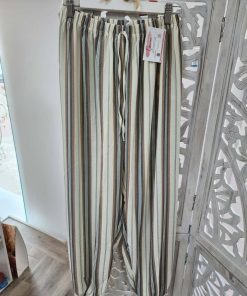 Pantalón bombacho rayas negro con cintura elástica y cordón, estampado vertical en beige, negro y marrón