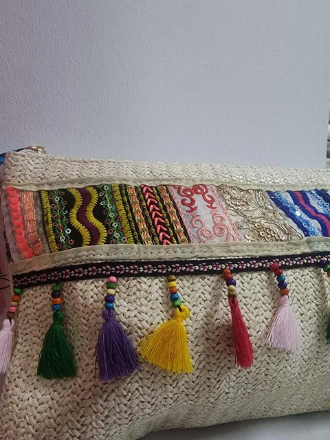 BOLSO RAFIA BEIGE CON FLECOS MULTICOLOR M.RBF 2 2 18