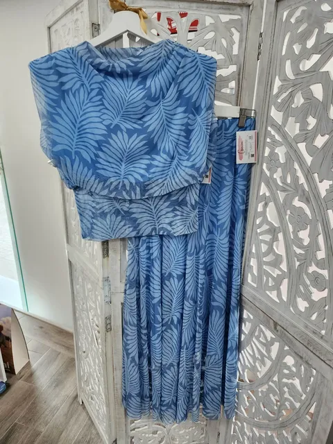 FALDA LARGA CELESTE ESTAMPADO HOJAS M.F/EH 2 3 33