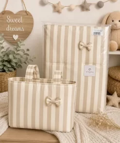 Funda de carro beige y topo con bolso panera a juego, conjunto de rayas con lazos de Artebebé