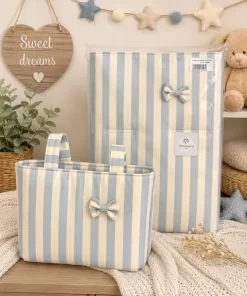Funda de carro celeste con bolso panera a juego en rayas beige, conjunto Artebebé para silla de paseo