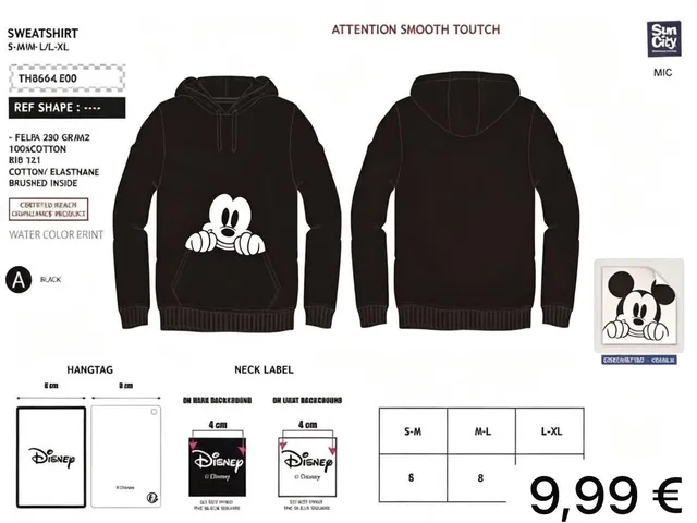 SUDADERA MICKEY NEGRO CON GORRO Y FELPA M. 8664 DISNEY 1 Sudadera Mickey con gorro en color negro, con interior de felpa y el personaje estampado en el frente