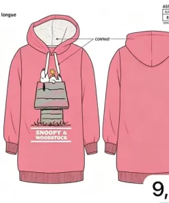 Vestido de felpa rosa chicle con forro interior y el personaje Snoopy como motivo estampado
