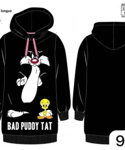 Vestido negro de felpa con forro interior y el motivo Bad Buddy Tat estampado sobre fondo oscuro