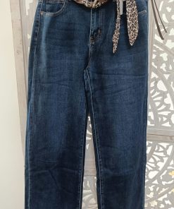 Jeans oscuros con cinturón estampado para mujer, de tejido elástico y cómodo