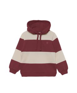 Sudadera infantil borgoña con capucha, franjas anchas y pequeño motivo estampado en el pecho