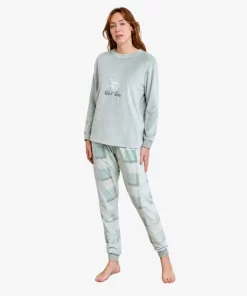Pijama de terciopelo para mujer con camiseta de escote redondo y pantalón de cuadros verde agua