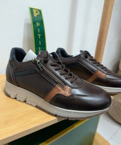 Zapato deportivo para hombre de Pitillos en piel marrón, cuero y azul marino con cordones y cremallera