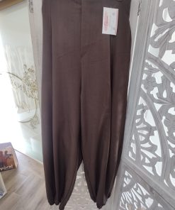 Pantalón bombacho marrón chocolate de mujer con cintura de goma y pernera amplia