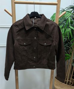 Chaqueta antelina marrón chocolate de mujer con forro interior y bolsillos
