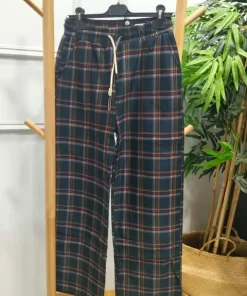 Pantalón palazzo cuadros marino con líneas burdeos, beige y verde y cintura elástica con cordón