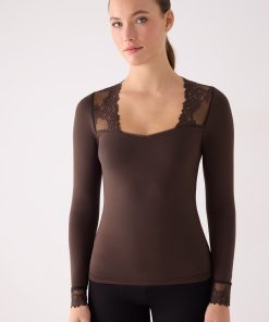 Camiseta térmica mujer manga larga cuello cuadrado con encaje marrón M. 70039 dark chocolate YSABEL MORA