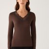 Camiseta térmica mujer manga larga encajes en escote de pico y puños marrón M. 70041 dark chocolate YSABEL MORA