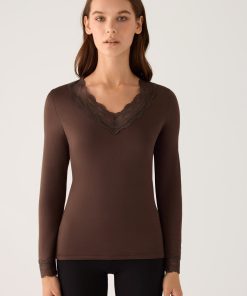 Camiseta térmica mujer manga larga encajes en escote de pico y puños marrón M. 70041 dark chocolate YSABEL MORA