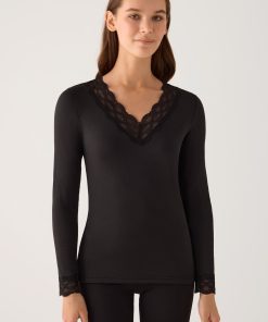 Camiseta térmica mujer manga larga encajes en escote de pico y puños  M. 70041 NEGRO YSABEL MORA